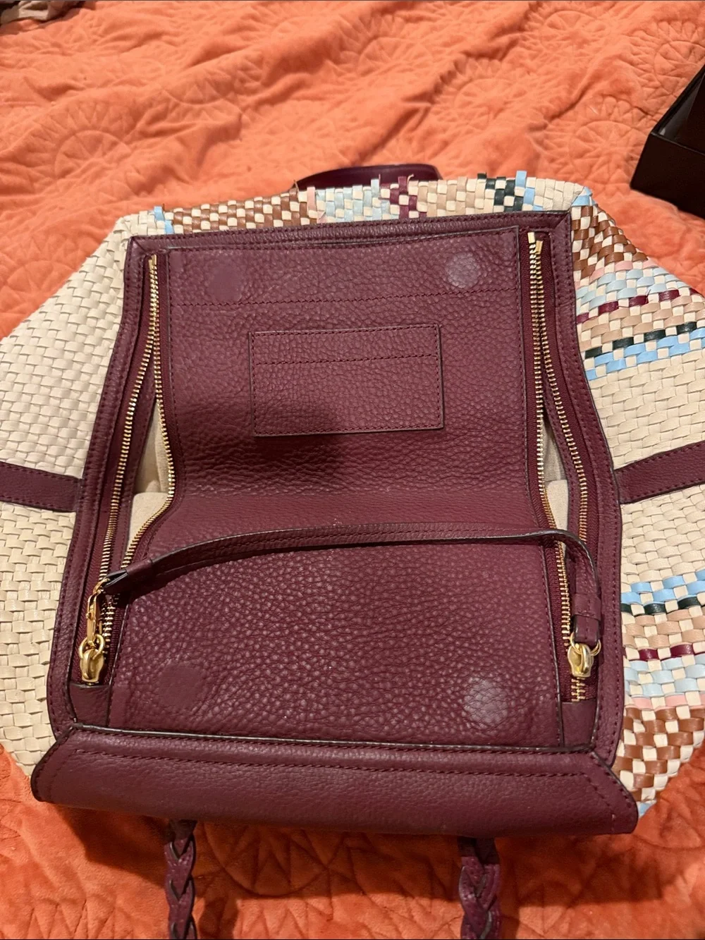 Tory Burch Cream Woven Tote with Burgundy Flap and Multicolor Stripe Accents